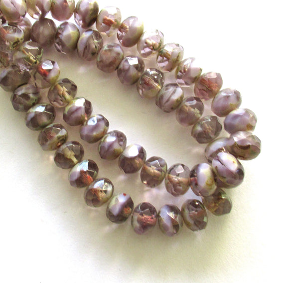 25 Czech glass faceted puffy rondelles - 6 x 8mm transparent & opaque mix light amethyst purple / lavender picasso, rondelle beads 00591