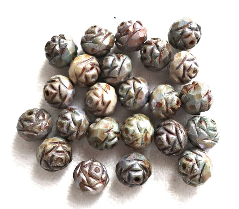 Twelve Opaque Green Luster Picasso 7 x 8mm Rosebud beads, rustic, faceted, firepolished, antique cut, Czech glass beads C2901