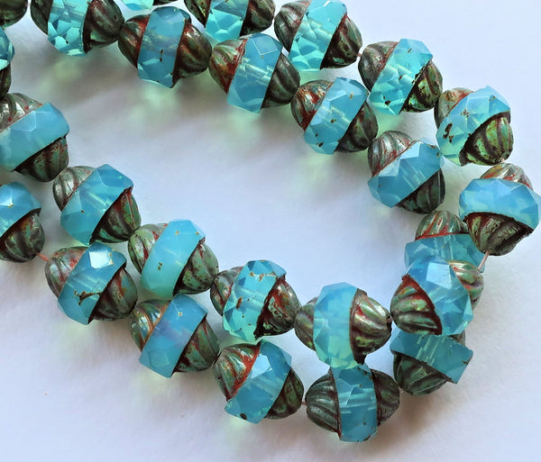 Five Czech glass turbine beads, 11 x 10mm Aqua Blue Opal beads with a picasso finish, saturn beads C00101 - Glorious Glass Beads