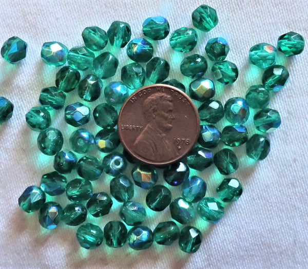 Lot of 25 viridian, teal blue green AB Czech glass beads - 6mm firepolished, faceted round beads C7425