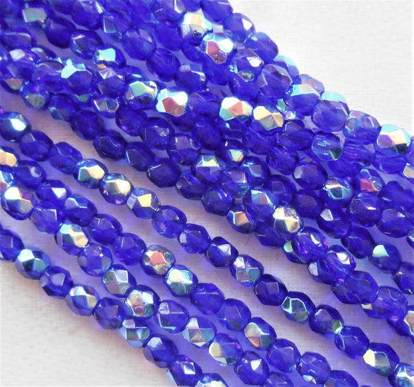 50 3mm Czech Cobalt Blue AB Czech glass beads, firepolished faceted round beads C7450