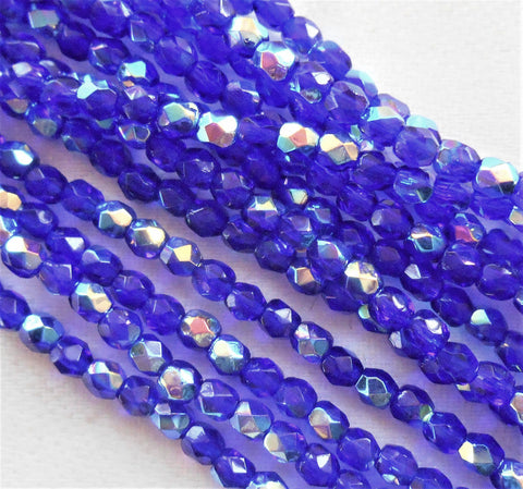 50 3mm Czech Cobalt Blue AB Czech glass beads, firepolished faceted round beads C7450 - Glorious Glass Beads