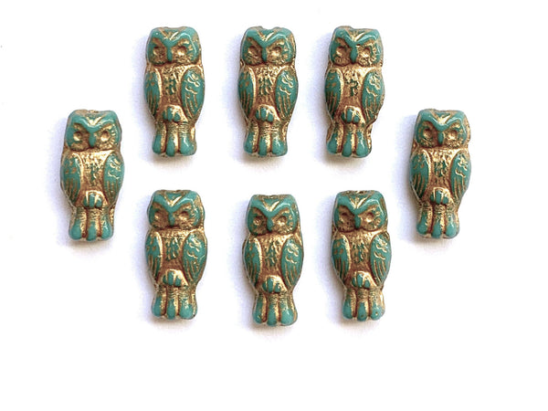 10 Czech glass owl beads - top drilled 7 x 15mm opaque turquoise green with gold wash pressed glass beads C0005