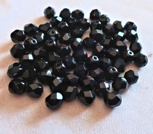 Lot of 25 6mm Jet black Czech glass beads - firepolished faceted round glass beads C1301