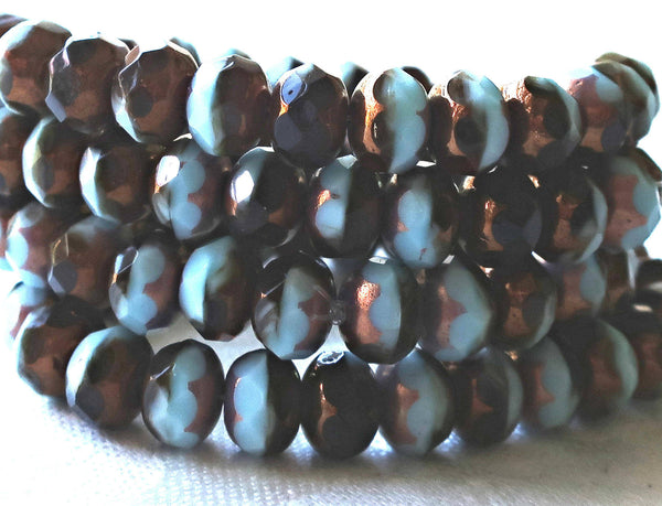 25 Czech glass puffy rondelle beads, 6 x 9mm, opaque brown & blue color mix faceted rondelles, bronze picasso finish C52325 - Glorious Glass Beads