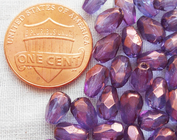 Lot of 25 7 x 5mm Lumi Amethyst, Purple teardrop Czech glass beads, faceted firepolished beads C7501