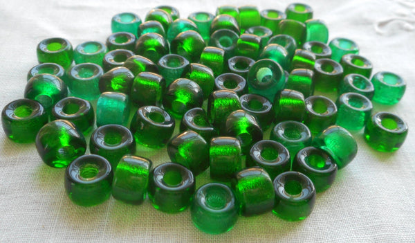 25 9mm Czech transsparent Emerald green glass pony roller beads, large hole crow beads, C0057