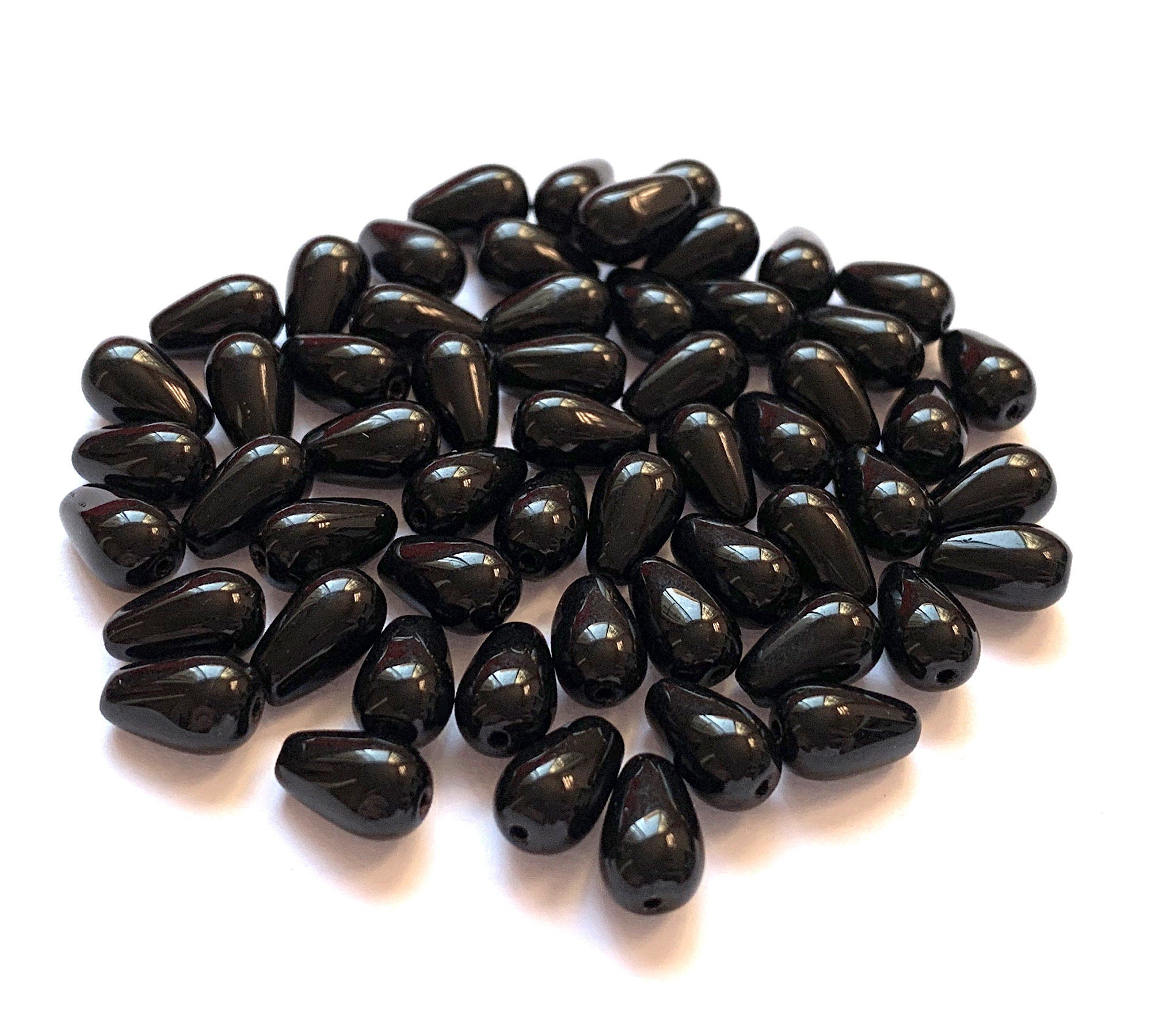 Lot of 25 10 x 6mm Czech glass jet black teardrop beads - center drilled smooth drop beads C0064