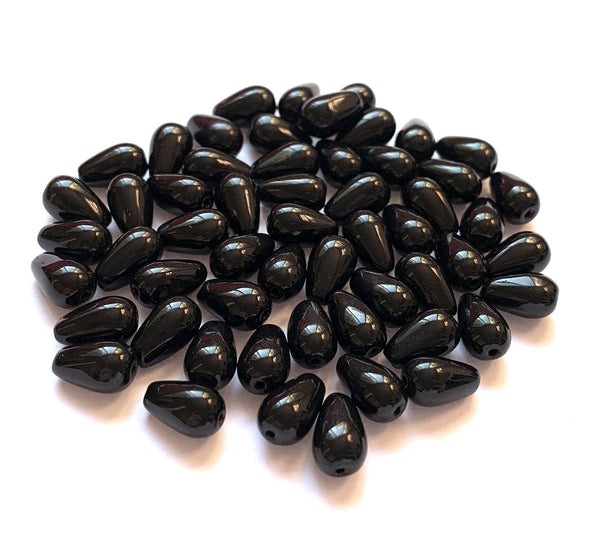 Lot of 25 10 x 6mm Czech glass jet black teardrop beads - center drilled smooth drop beads C0064