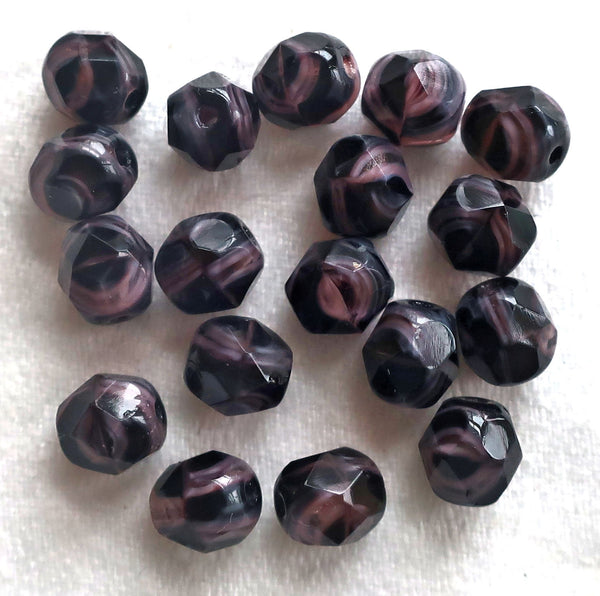 25 6mm Czech glass faceted round beads, Dark opaque amethyst. purple & white Swirl, marbled firepolished beads, sale price C35925