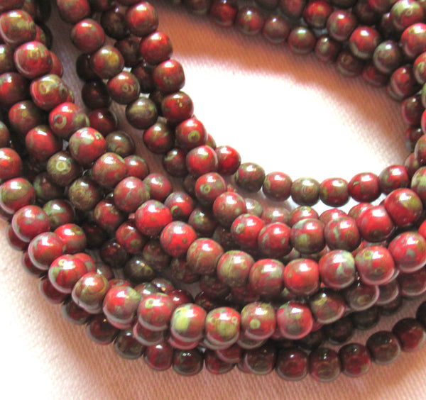 50 4mm Czech glass red picasso druk beads - earth tones - opaque red beads with a full picasso coat - earthy rustic smooth round druks