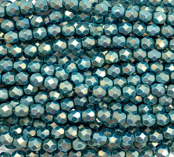 25 faceted round Czech glass beads - 6mm fire polished halo ethereal azurite opaque blue beads - C0066