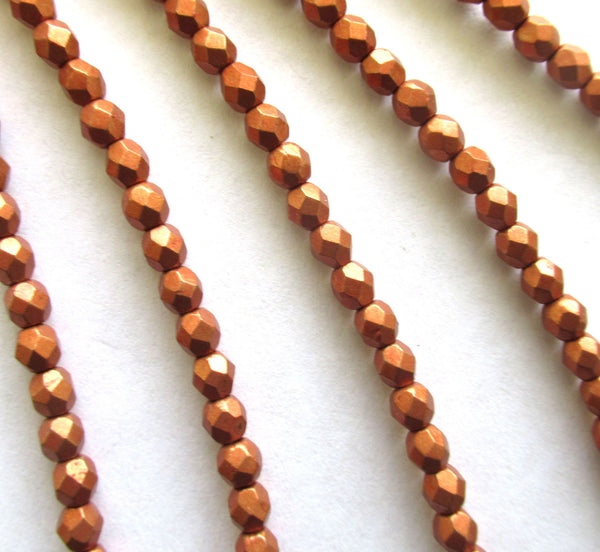 Lot of 50 4mm Czech glass beads - saturated metallic russet orange round, faceted fire polished beads C0034