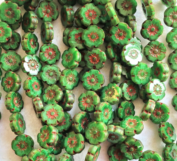 Ten Czech glass flower beads - 10mm opaque marbled silky green picasso Hawaiian flowers - table cut, carved floral beads C10101