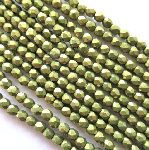 Lot of 50 3mm Czech glass beads - Meadowlark saturated metallic chartreuse or olivine fire polished faceted round beads - C0043