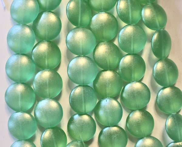 Lot of 8 Czech glass coin beads - 14mm puffy pillow beads - Sueded Gold Peridot Green - C40101 - Glorious Glass Beads