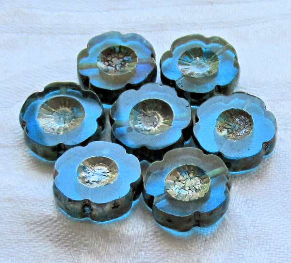 Lot of five 14mm Czech glass flower beads, table cut, carved, transparent capri blue picasso Hawaiian flower beads C02101 - Glorious Glass Beads