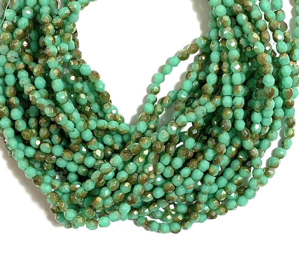 Lot of 50 3mm opaque turquoise green celsian Czech glass beads, round, faceted fire polished beads C0004