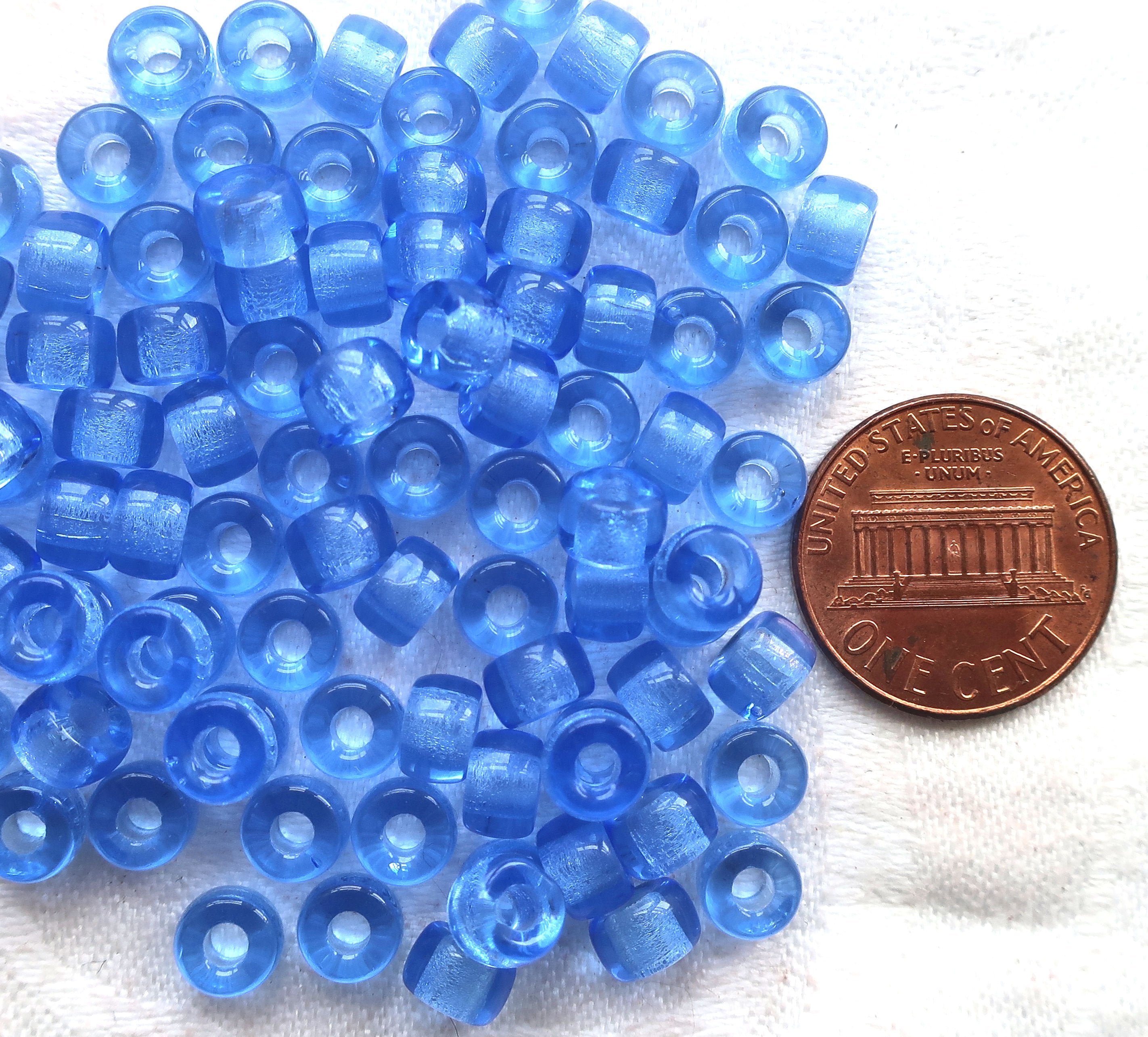 Lot of 50 6mm Czech glass pony beads, Transparent medium Sapphire blue  roller beads, large hole blue glass crow beads, C0025