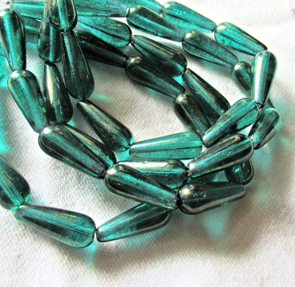 Lot of ten Czech glass teardrop beads - transparent teal blue green with a gold finish - 6 x 15mm elongated tear drops 82106