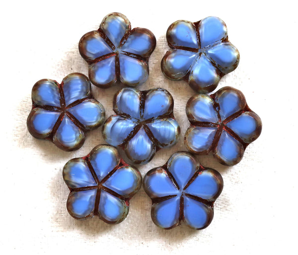 Lot of five 17mm table cut, carved,opaque, denim blue & picasso Czech glass flower beads C53105