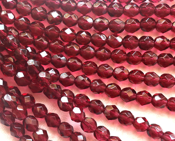 Lot of 25 6mm Czech glass beads, transparent fuchsia, deep, dark pink faceted,, firepolished, round beads 8725