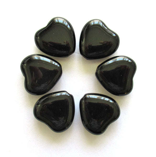 Lot of six large Czech glass heart beads - 16 x 15mm opaque black heart shaped beads C0004