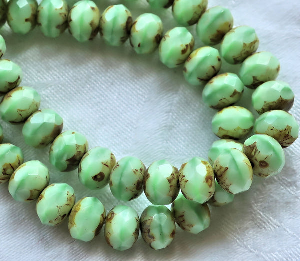 Lot of 25 Opaque Mint Green Picasso faceted puffy rondelle or donut beads, 8 x 6mm green Czech glass beads C07201 - Glorious Glass Beads
