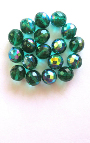 Ten 12mm Czech glass beads - teal blue green AB beads - faceted round fire polished beads C0089