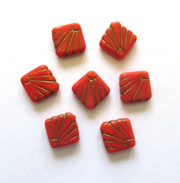 8 Czech glass square fan beads - 17 x 17mm - opaque red beads with a gold wash - C0089