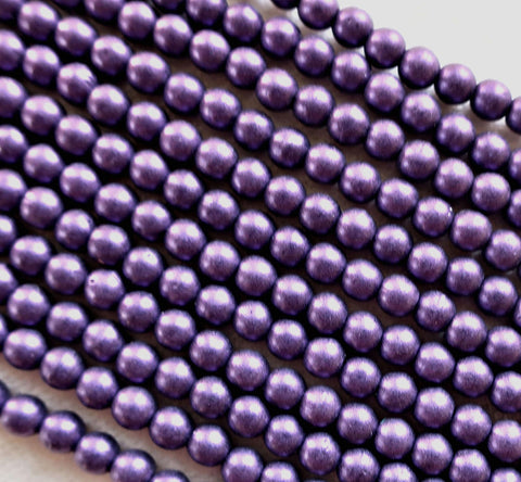 Lot of 100 4mm purple matte metallic suede, sueded Czech glass druks, smooth round druk beads 1801