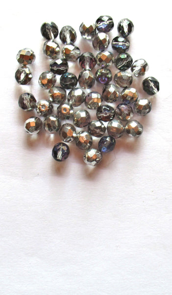 25 8mm Czech glass heliotrope beads - faceted fire polished round crystal, silver and lilac beads C0086
