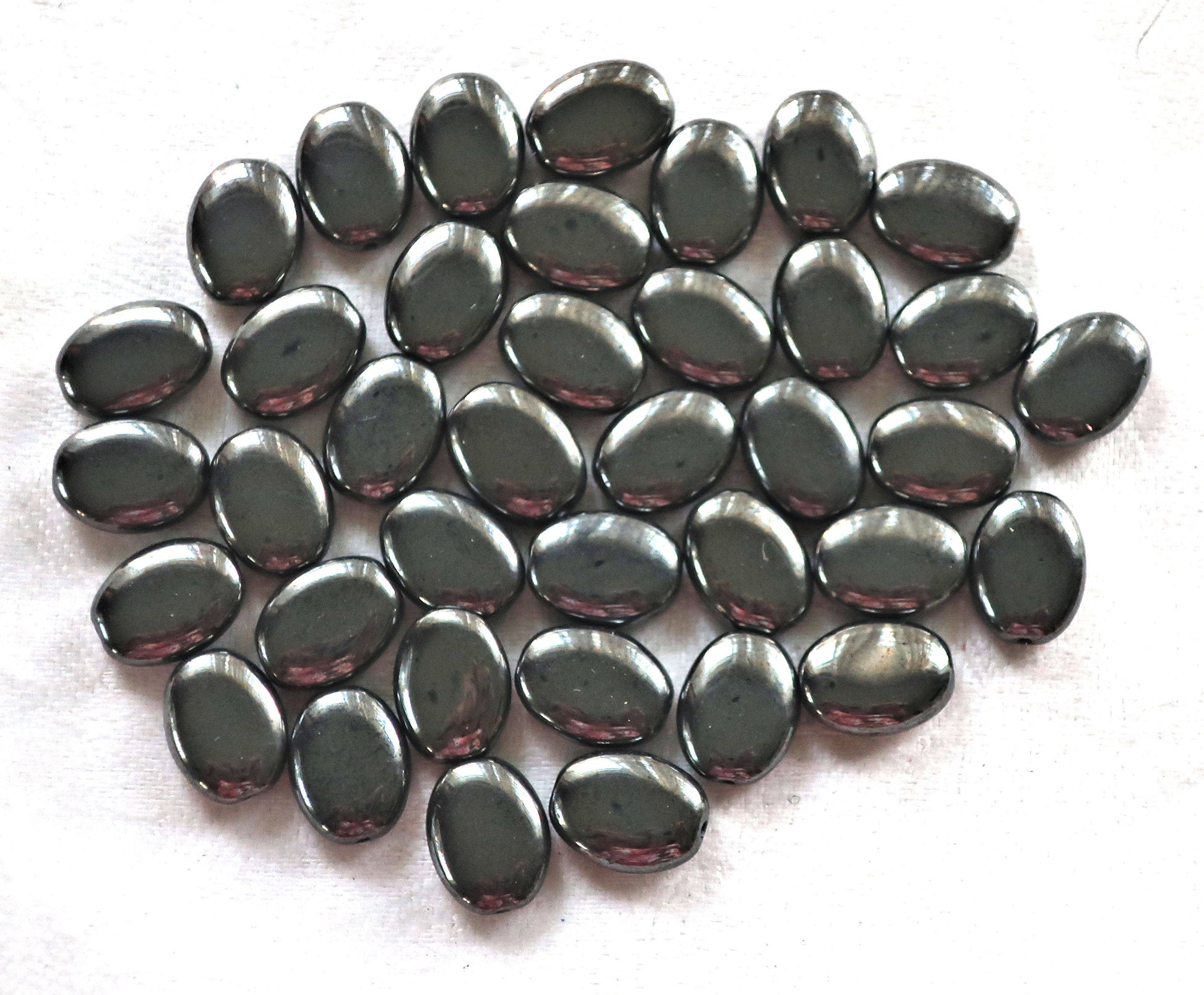 25 metallic gray hematite flat oval Czech Glass beads, 12mm x 9mm pressed glass beads C8125