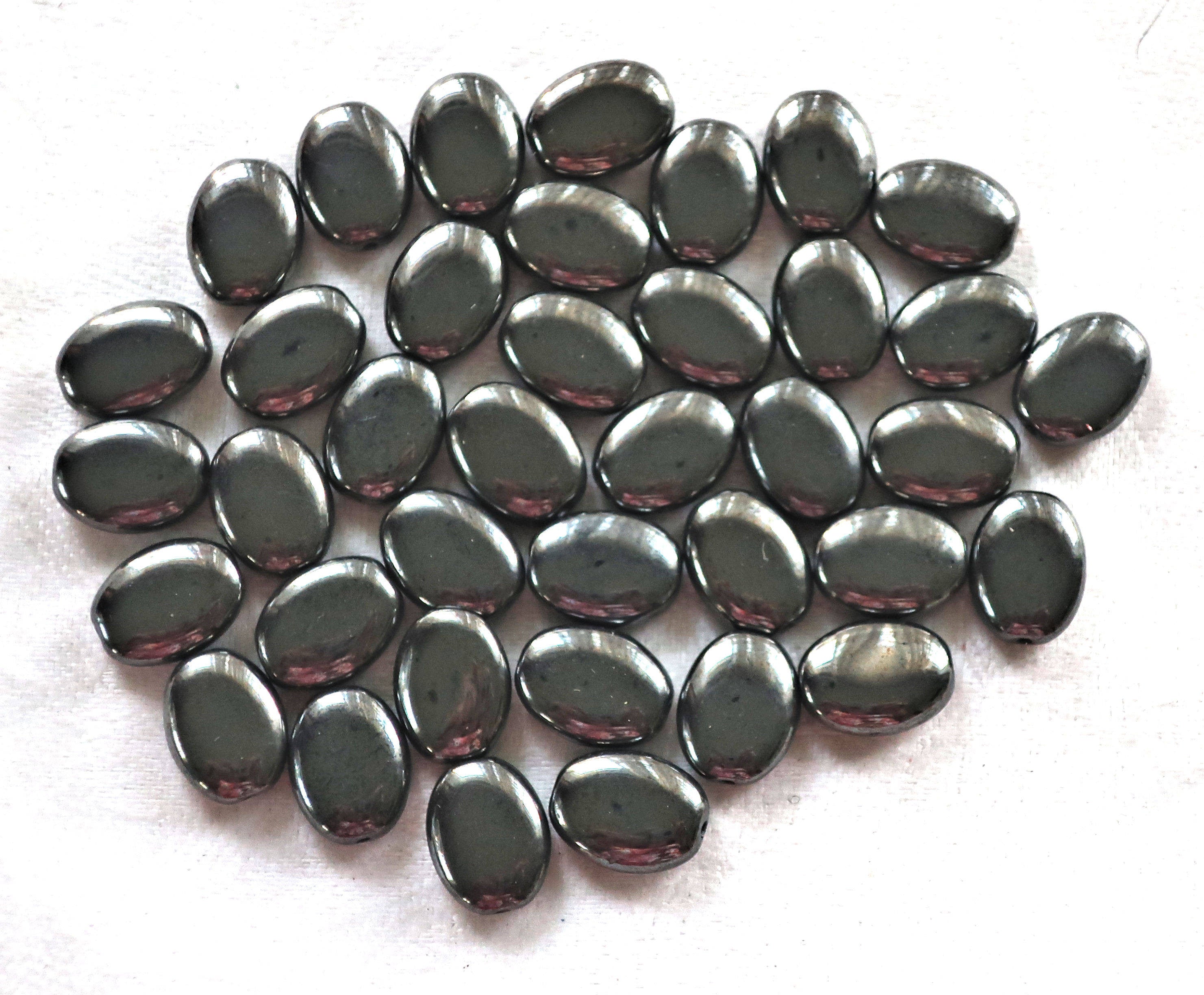 25 metallic gray hematite flat oval Czech Glass beads, 12mm x 9mm pressed glass beads C8125 - Glorious Glass Beads