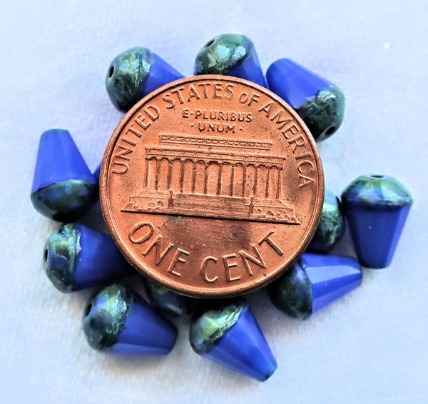 Lot of 15 8 x 6mm Czech glass teardrop beads - opaque royal blue silk w/ black accents - special cut, faceted, firepolished beads C05101 - Glorious Glass Beads