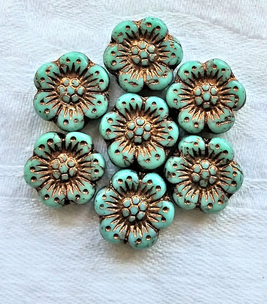 Twelve Czech glass wild rose flower beads - 14mm opaque turquoise green floral beads with a bronze wash C07105