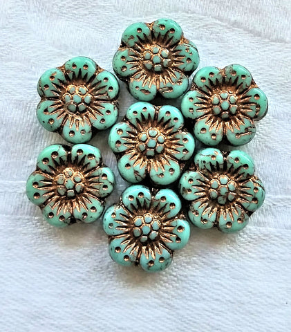 Twelve Czech glass wild rose flower beads - 14mm opaque turquoise green floral beads with a bronze wash C07105 - Glorious Glass Beads
