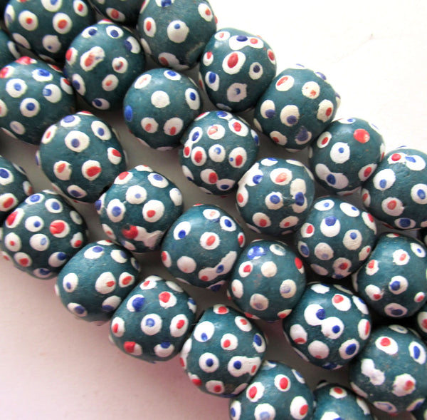 Lot of 8 African Ghana Krobo round glass evil eye beads - green beads with color mix dots - 11-12mm - big hole rustic earthy beads - C0039
