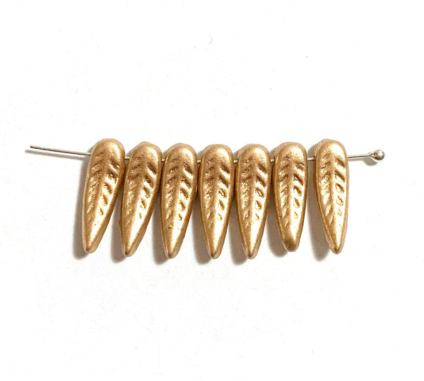 25 Czech glass curved feather or dagger beads - 17 x 5mm matte metallic gold textured pressed glass beads - C0096