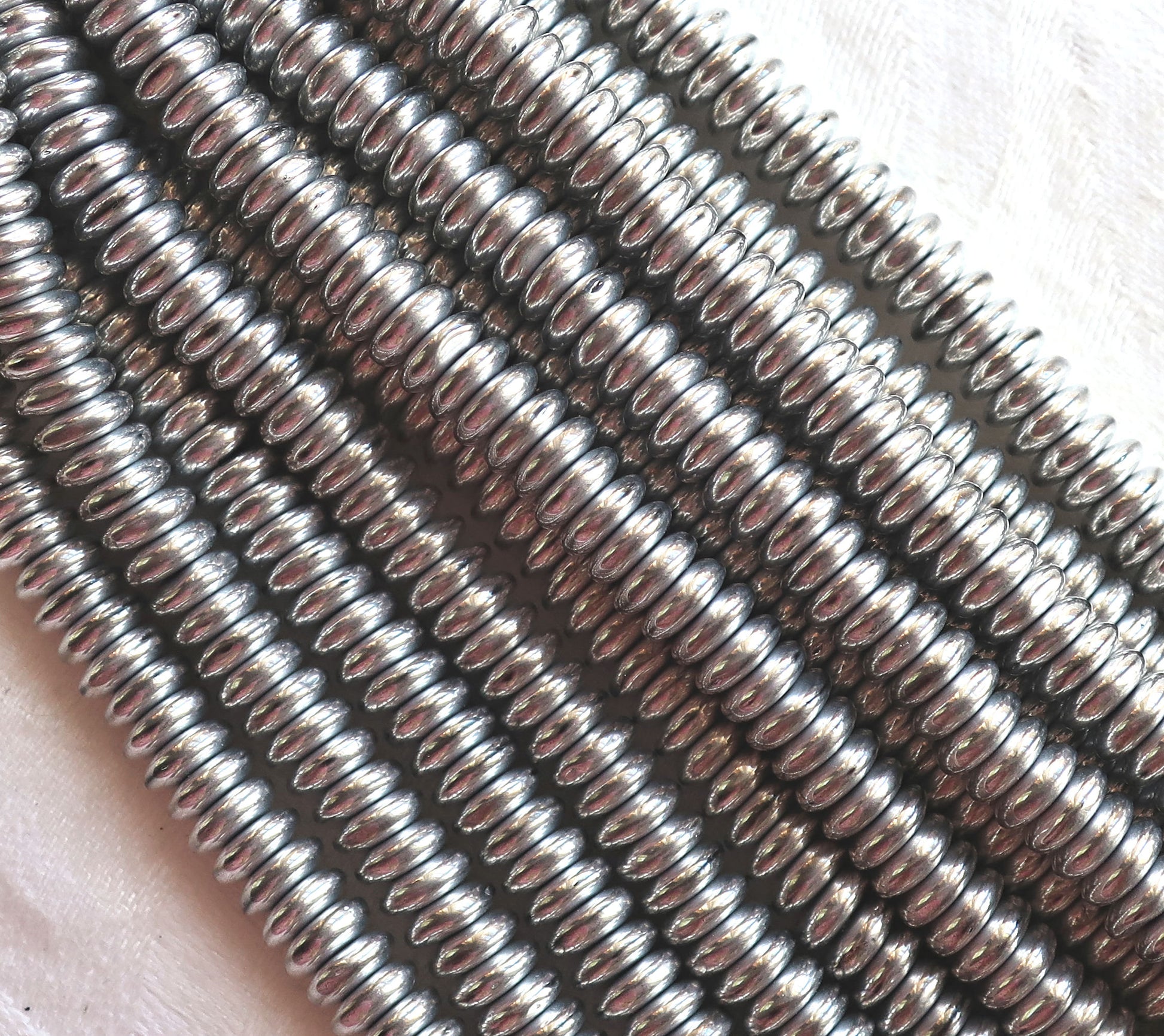 Lot of 50 6mm Czech glass rondelle beads, matte metallic silver flat spacers or rondelles C03101 - Glorious Glass Beads