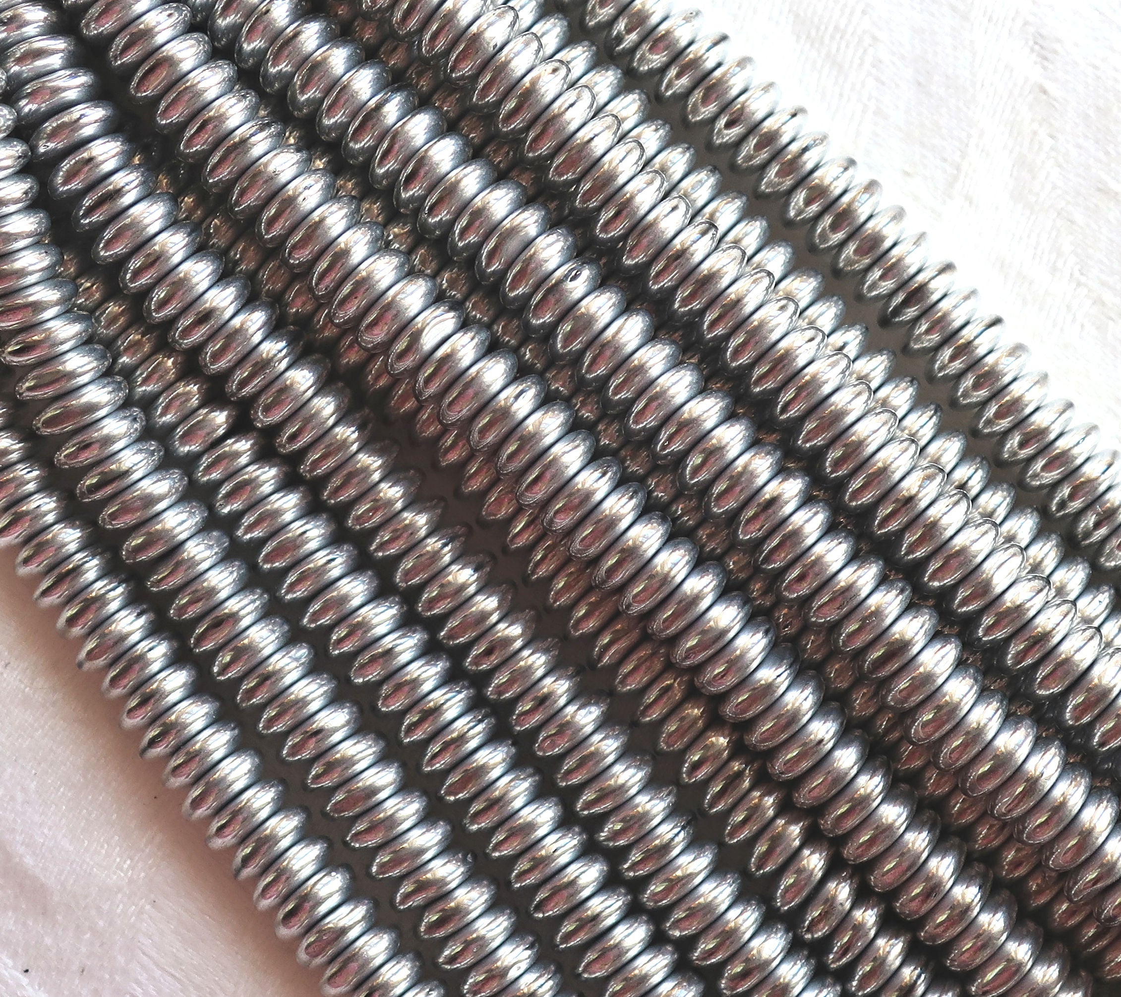Lot of 50 6mm Czech glass rondelle beads, matte metallic silver flat spacers or rondelles C03101 - Glorious Glass Beads