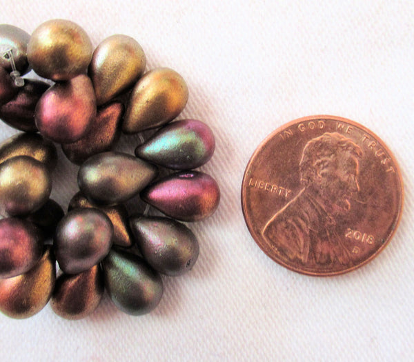 Lot of 25 Czech glass drop beads - opaque matte metallic color mix- smooth teardrop beads - 9 x 6mm C60101