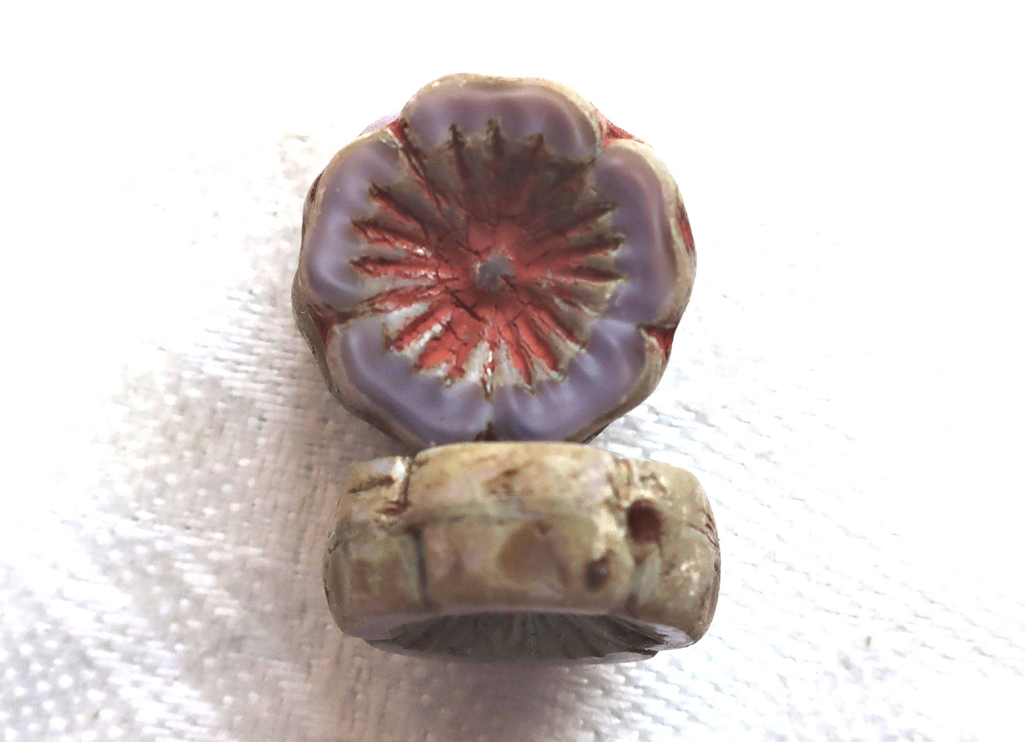 Six 14mm table cut, carved, opaque milky purple, lavender, lilac with red picasso accents Czech glass hibiscus Hawaiian flower beads, C62106 - Glorious Glass Beads
