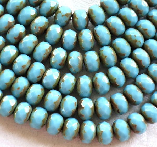 25 6 x 9mm Czech Turquoise Blue Picasso Faceted Puffy Rondelle Beads, blue Czech glass beads C28125 - Glorious Glass Beads