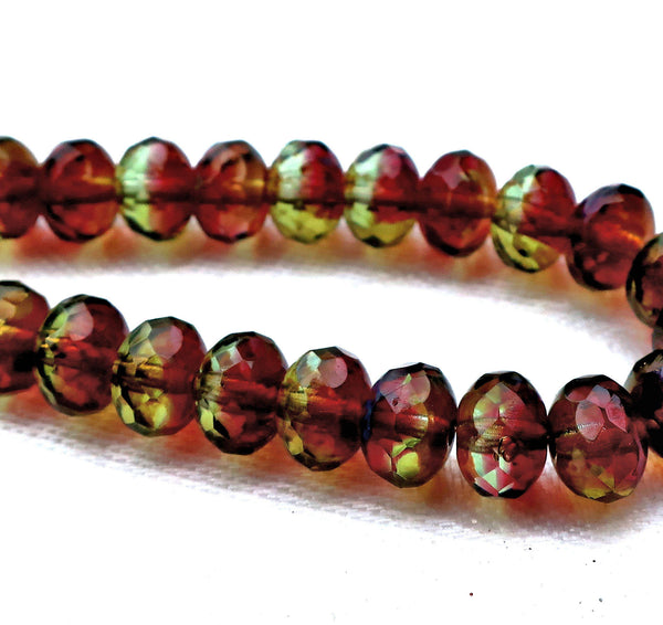 Lot of 25 tourmaline Czech glass puffy rondelles, 6 x 8mm transparent green & amethyst, purple mix, faceted puffy rondelle beads 00301