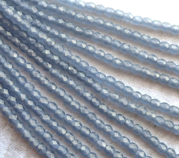 Lot of 50 3mm Czech glass beads, Sueded Gold Montana Blue, blue / gray firepolished faceted round beads C1550