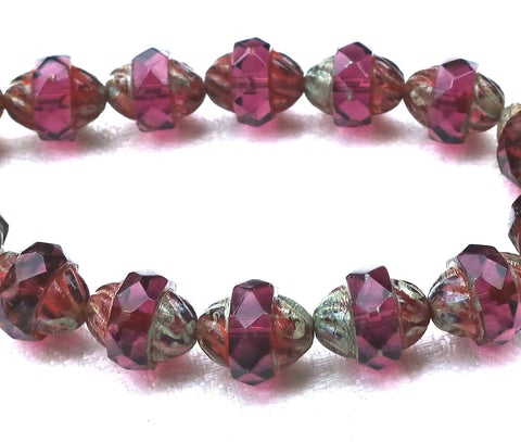 Six purple Czech glass turbine beads, 11 x 10mm transparent amethyst picasso beads 80101 - Glorious Glass Beads