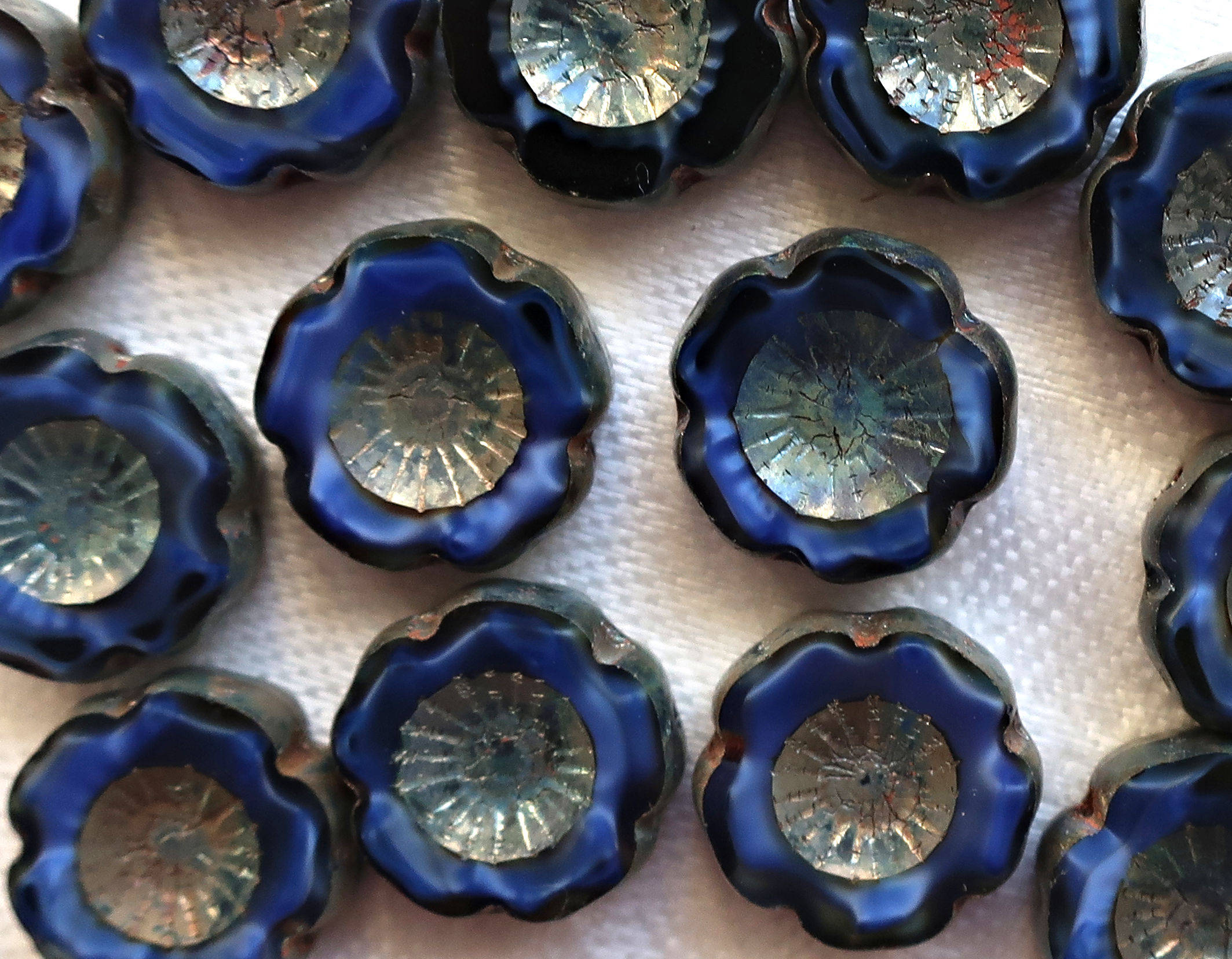 Lot of six 14mm table cut, carved, Czech glass flower beads. opaque, marbled satin, silk, midnight blue picasso Hawaiian flowers C80101 - Glorious Glass Beads