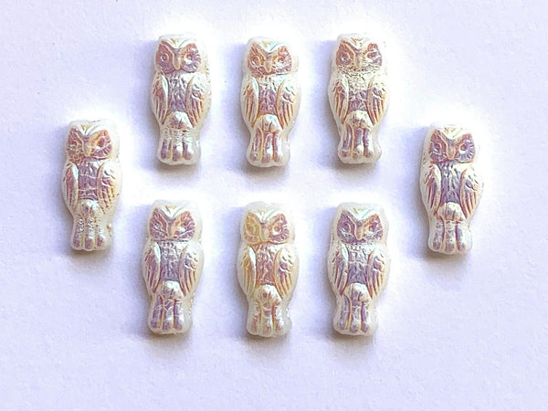 10 Czech glass owl beads - top drilled 7 x 15mm opaque white AB pressed glass beads C0055