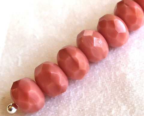 25 Czech glass faceted puffy rondelle beads, 6 x 8mm opaque silky salmon pink rondelles on sale 57101 - Glorious Glass Beads